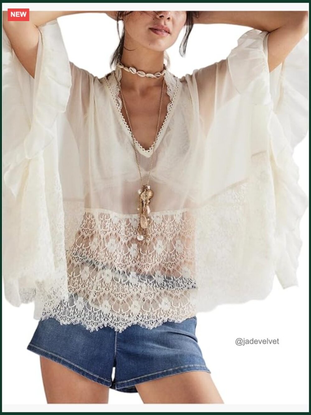 Sheer Poncho Top Oversized Batwing Sleeve Lace Cover Up Ruffle Boho Blouse